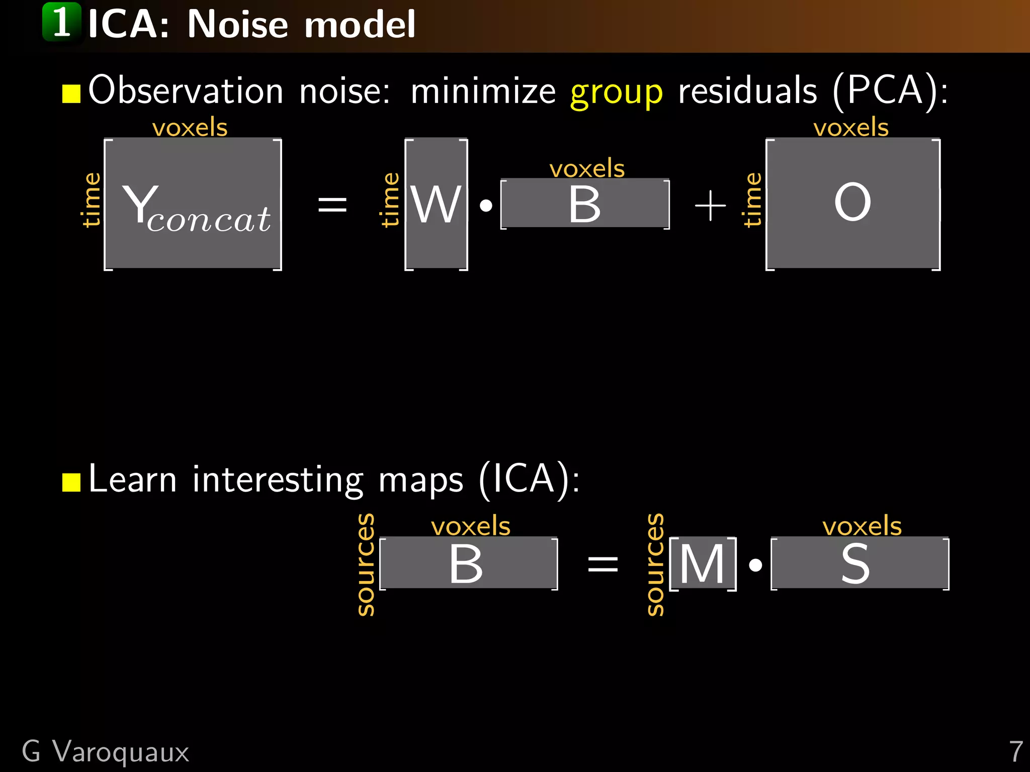 1 ICA: Noise model
    Observation noise: minimize group residuals (PCA):
          voxels                                                  voxels
                                       voxels
         Y                    W   ·     B                 +        O
  time




                       time




                                                          time
          concat =




    Learn interesting maps (ICA):
                              voxels                              voxels

                                                              ·
                   sources




                                                sources
                               B         = M                        S


G Varoquaux                                                                7
 