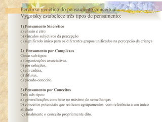 Percurso genético do pensamento conceitual Vygotsky estabelece três tipos de pensamento: 1) Pensamento Sincrético a) ensaio e erro b) vínculos subjetivos da percepção c) significado único para os diferentes grupos unificados na percepção da criança 2)  Pensamento por Complexos Cinco sub-tipos: a) organizações associativas,  b) por coleções,  c) em cadeia,  d) difusas,  e) pseudo-conceito.  3) Pensamento por Conceitos Três sub-tipos:  a) generalizações com base no máximo de semelhanças b) conceitos potenciais que realizam agrupamentos  com referência a um único atributo   c) finalmente o conceito propriamente dito. 