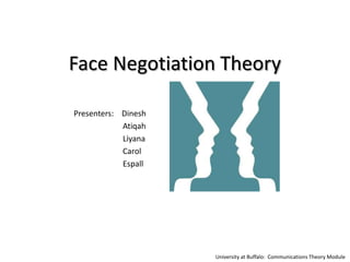 Face Negotiation Theory

Presenters: Dinesh
            Atiqah
            Liyana
            Carol
            Espall




                     University at Buffalo: Communications Theory Module
 