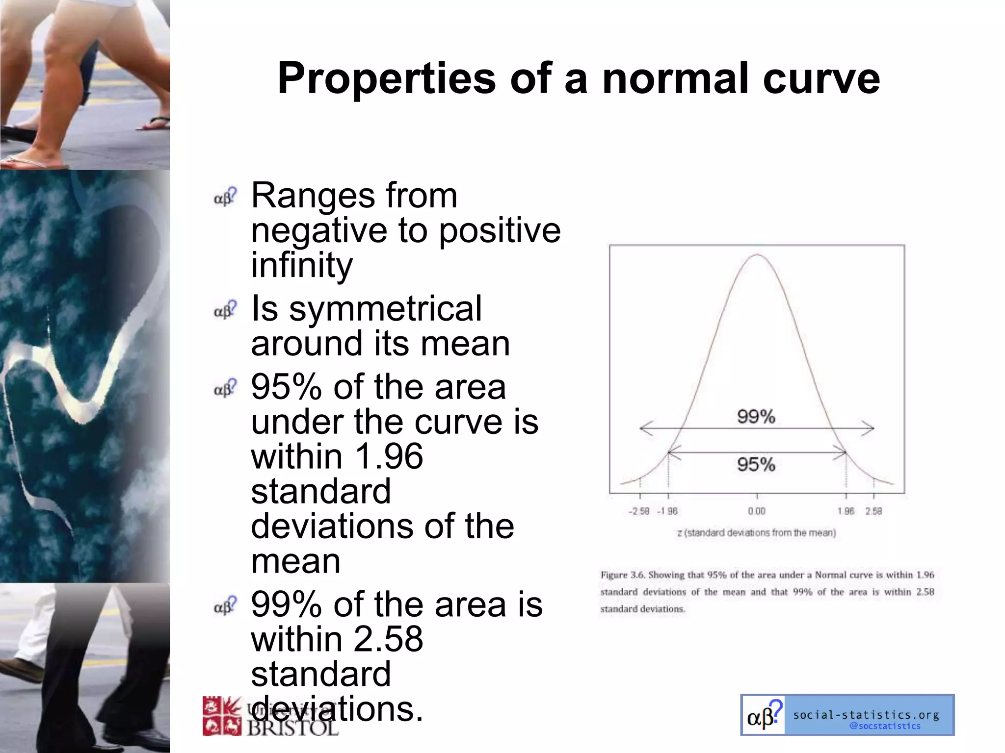 Properties of a normal curve

Ranges from
negative to positive
infinity
Is symmetrical
around its mean
95% of the area
under the curve is
within 1.96
standard
deviations of the
mean
99% of the area is
within 2.58
standard
deviations.
 