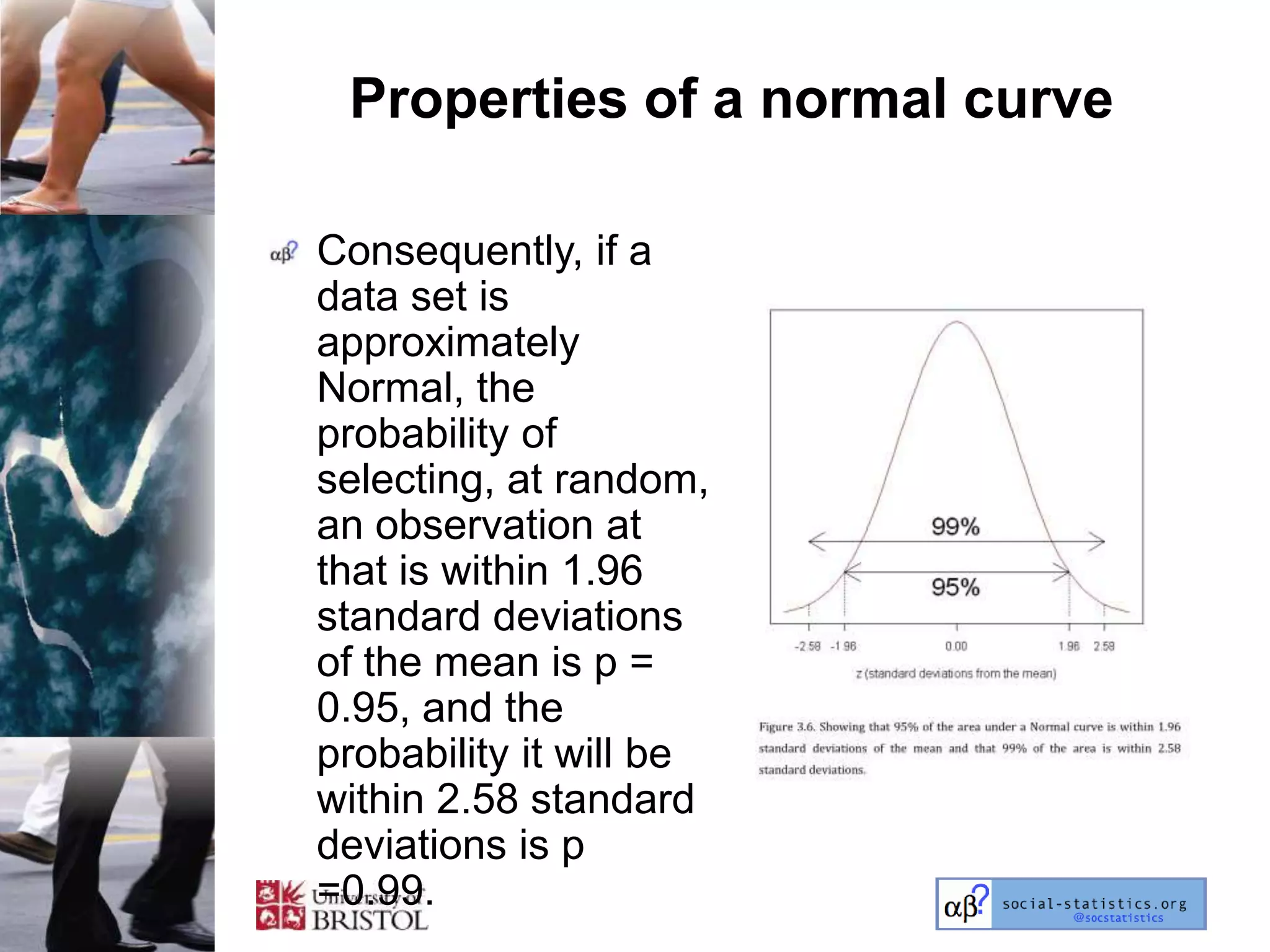 Properties of a normal curve

Consequently, if a
data set is
approximately
Normal, the
probability of
selecting, at random,
an observation at
that is within 1.96
standard deviations
of the mean is p =
0.95, and the
probability it will be
within 2.58 standard
deviations is p
=0.99.
 
