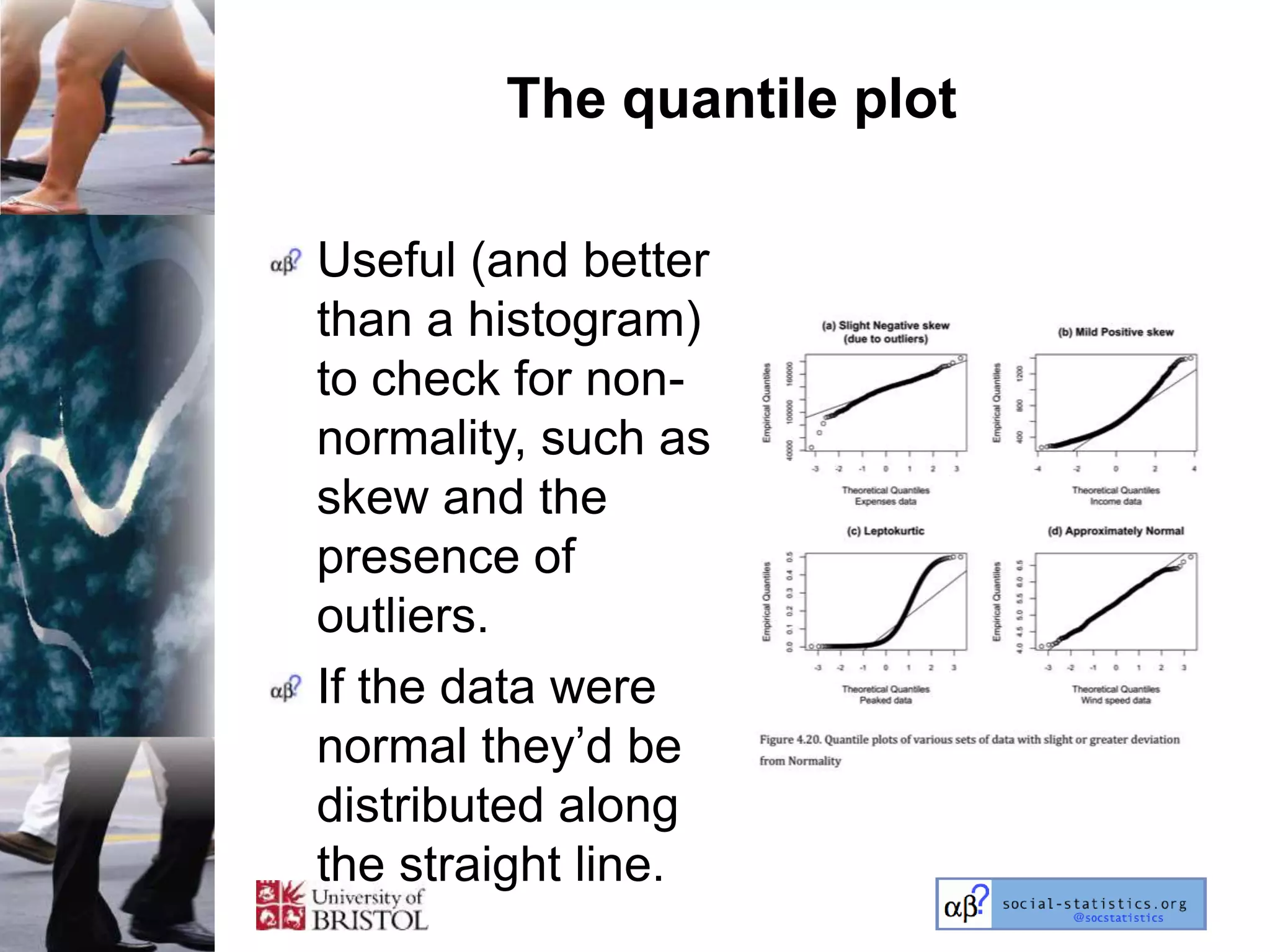 The quantile plot

Useful (and better
than a histogram)
to check for non-
normality, such as
skew and the
presence of
outliers.
If the data were
normal they‘d be
distributed along
the straight line.
 