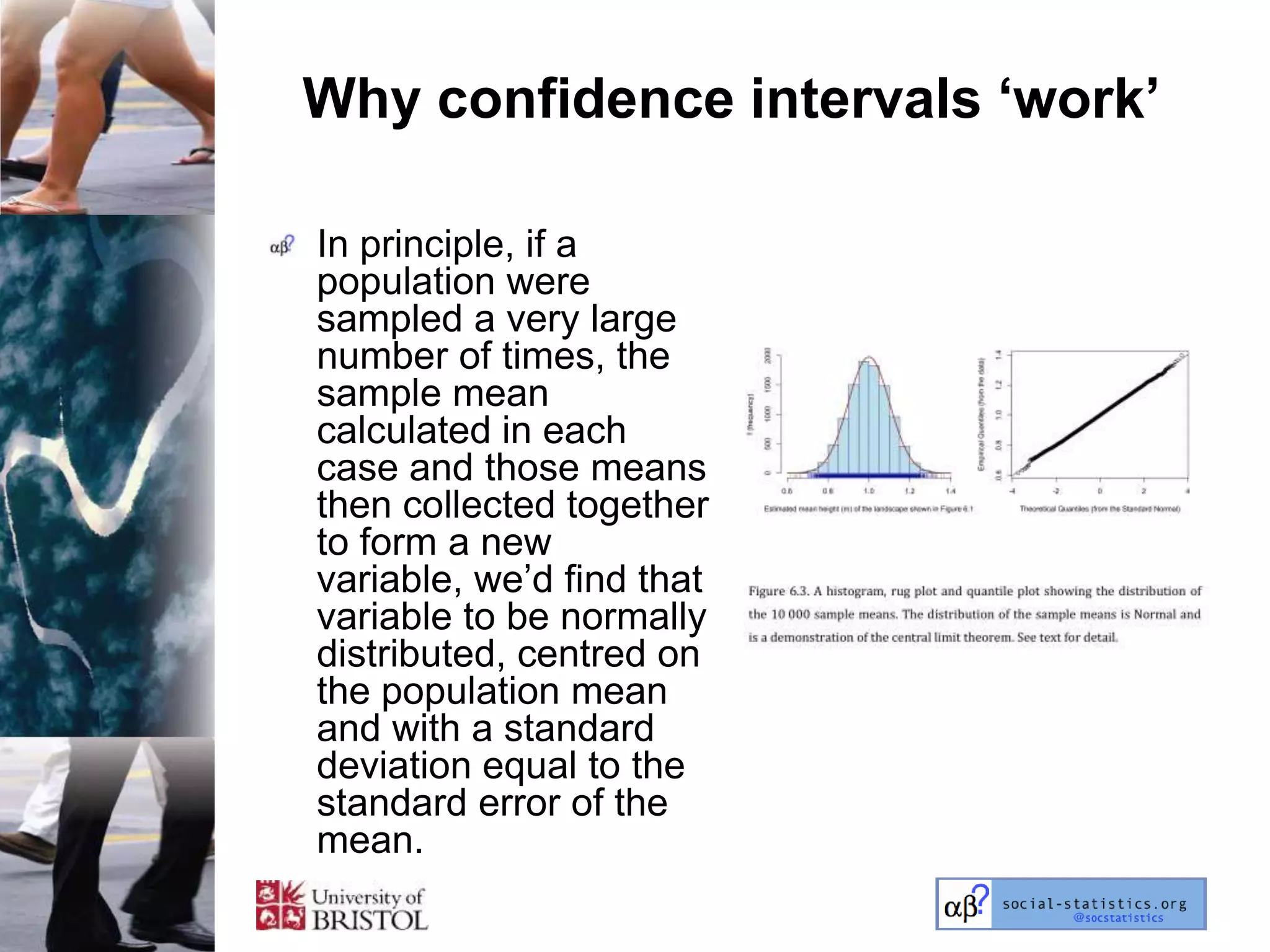Why confidence intervals ‘work’

In principle, if a
population were
sampled a very large
number of times, the
sample mean
calculated in each
case and those means
then collected together
to form a new
variable, we‘d find that
variable to be normally
distributed, centred on
the population mean
and with a standard
deviation equal to the
standard error of the
mean.
 