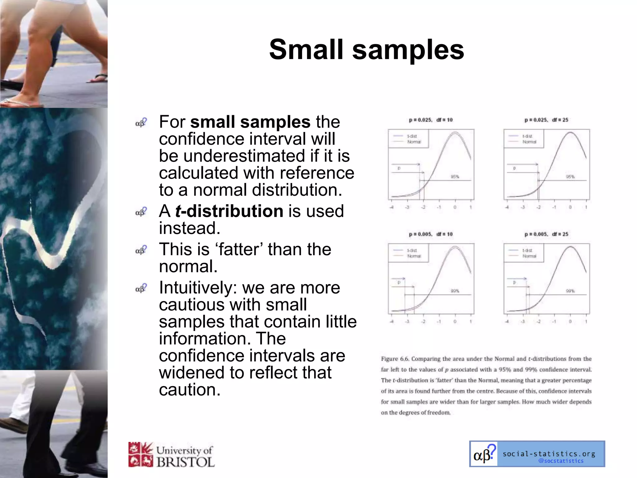 Small samples

For small samples the
confidence interval will
be underestimated if it is
calculated with reference
to a normal distribution.
A t-distribution is used
instead.
This is ‗fatter‘ than the
normal.
Intuitively: we are more
cautious with small
samples that contain little
information. The
confidence intervals are
widened to reflect that
caution.
 