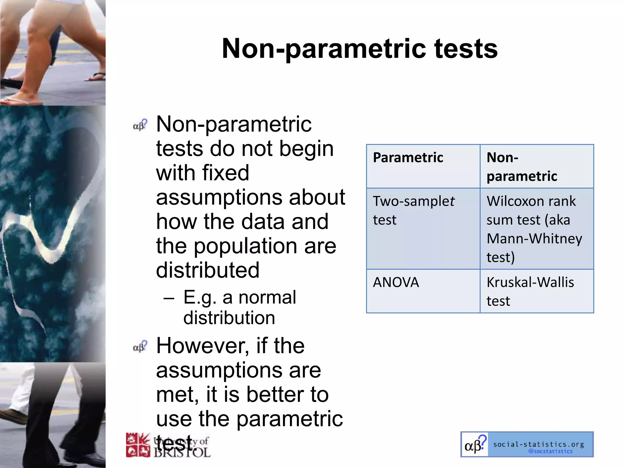Non-parametric tests

Non-parametric
tests do not begin     Parametric    Non-
with fixed                           parametric
assumptions about      Two-samplet   Wilcoxon rank
how the data and       test          sum test (aka
                                     Mann-Whitney
the population are                   test)
distributed            ANOVA         Kruskal-Wallis
– E.g. a normal                      test
  distribution
However, if the
assumptions are
met, it is better to
use the parametric
test.
 