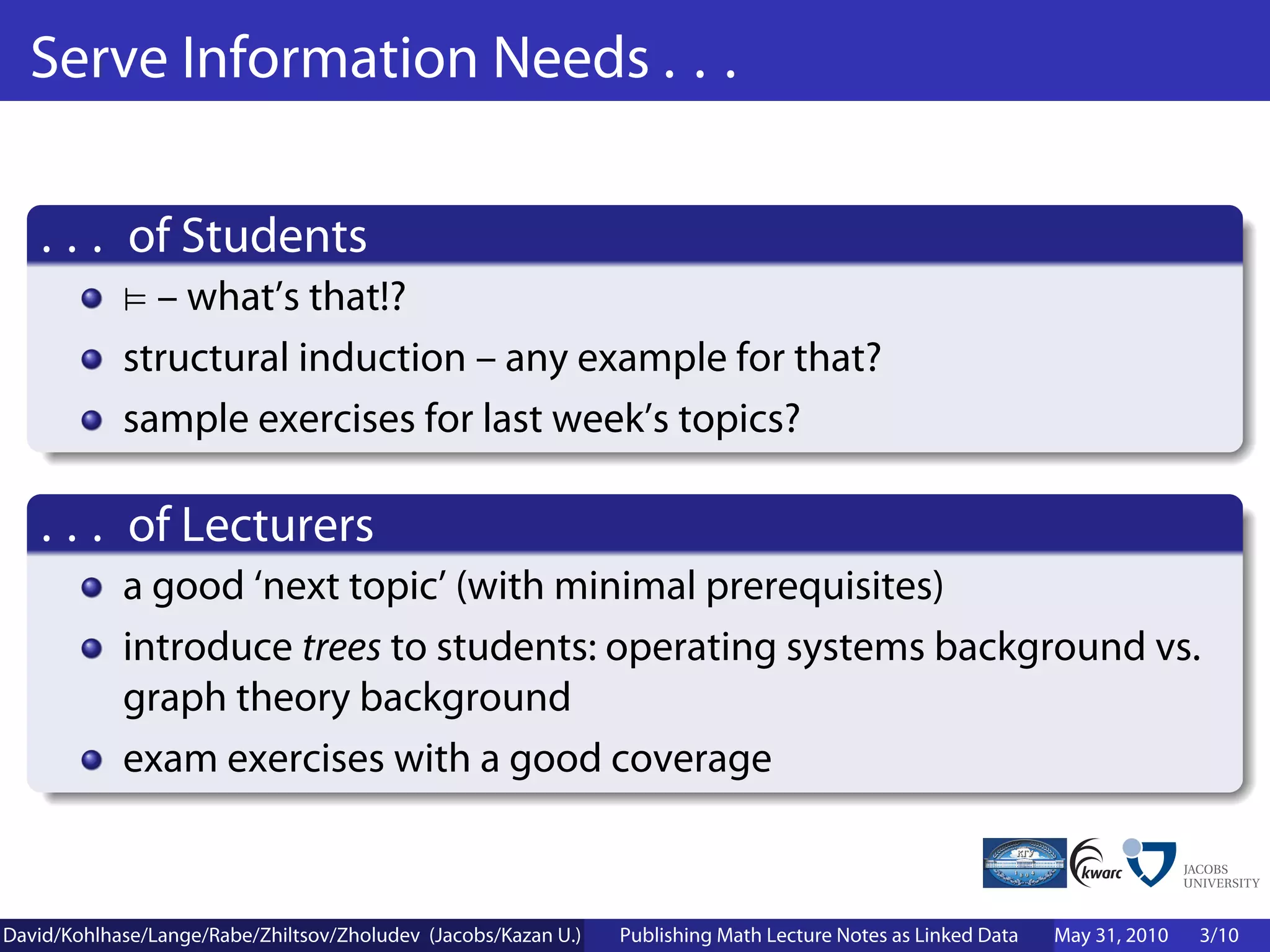 Serve Information Needs . . .

    . . . of Students
              – what’s that!?
            structural induction – any example for that?
            sample exercises for last week’s topics?

    . . . of Lecturers
            a good ‘next topic’ (with minimal prerequisites)
            introduce trees to students: operating systems background vs.
            graph theory background
            exam exercises with a good coverage



David/Kohlhase/Lange/Rabe/Zhiltsov/Zholudev (Jacobs/Kazan U.)   Publishing Math Lecture Notes as Linked Data   May 31, 2010   3/10
 