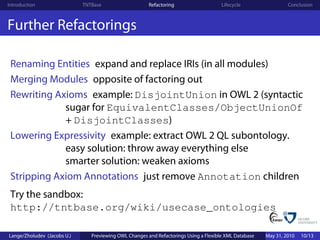 Introduction                 TNTBase                    Refactoring                    Lifecycle                 Conclusion



Further Refactorings

 Renaming Entities expand and replace IRIs (in all modules)
 Merging Modules opposite of factoring out
 Rewriting Axioms example: DisjointUnion in OWL 2 (syntactic
             sugar for EquivalentClasses/ObjectUnionOf
             + DisjointClasses)
 Lowering Expressivity example: extract OWL 2 QL subontology.
             easy solution: throw away everything else
             smarter solution: weaken axioms
 Stripping Axiom Annotations just remove Annotation children
 Try the sandbox:
 http://tntbase.org/wiki/usecase_ontologies

Lange/Zholudev (Jacobs U.)      Previewing OWL Changes and Refactorings Using a Flexible XML Database   May 31, 2010   10/13
 