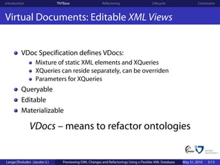 Introduction                 TNTBase                    Refactoring                    Lifecycle                 Conclusion



Virtual Documents: Editable XML Views


          VDoc Specification defines VDocs:
                 Mixture of static XML elements and XQueries
                 XQueries can reside separately, can be overriden
                 Parameters for XQueries
          Queryable
          Editable
          Materializable

               VDocs – means to refactor ontologies


Lange/Zholudev (Jacobs U.)      Previewing OWL Changes and Refactorings Using a Flexible XML Database   May 31, 2010   5/13
 
