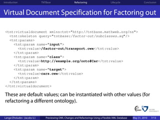 Introduction                 TNTBase                    Refactoring                    Lifecycle                 Conclusion



Virtual Document Specification for Factoring out

 <tnt:virtualdocument xmlns:tnt="http://tntbase.mathweb.org/ns">
   <tnt:skeleton query="tntbase:/factor-out/subclasses.xq"/>
   <tnt:params>
     <tnt:param name="input">
       <tnt:value>/factor-out/transport.owx</tnt:value>
     </tnt:param>
     <tnt:param name="class">
       <tnt:value>http://example.org/onto#Car</tnt:value>
     </tnt:param>
     <tnt:param name="target">
       <tnt:value>cars.owx</tnt:value>
     </tnt:param>
   </tnt:params>
 </tnt:virtualdocument>

 These are default values; can be instantiated with other values (for
 refactoring a different ontology).


Lange/Zholudev (Jacobs U.)      Previewing OWL Changes and Refactorings Using a Flexible XML Database   May 31, 2010   7/13
 