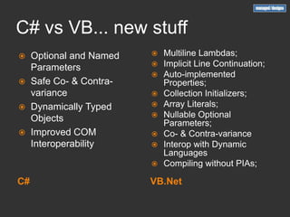C# vs VB... new stuff
    Optional and Named      Multiline Lambdas;
     Parameters              Implicit Line Continuation;
                             Auto-implemented
    Safe Co- & Contra-       Properties;
     variance                Collection Initializers;
    Dynamically Typed       Array Literals;
     Objects                 Nullable Optional
                              Parameters;
    Improved COM            Co- & Contra-variance
     Interoperability        Interop with Dynamic
                              Languages
                             Compiling without PIAs;

C#                        VB.Net
 