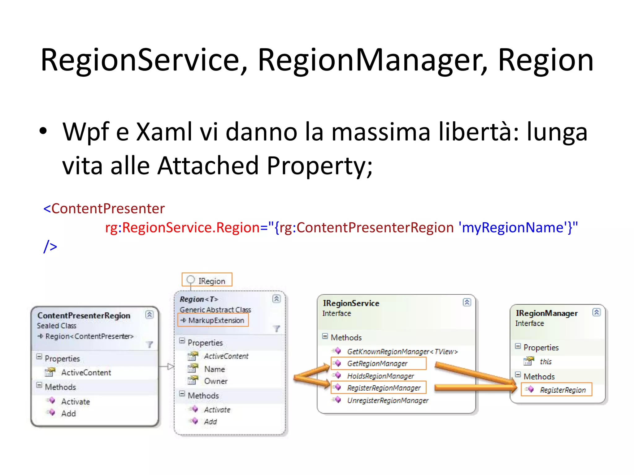 RegionService, RegionManager, Region
• Wpf e Xaml vi danno la massima libertà: lunga
  vita alle Attached Property;
<ContentPresenter
        rg:RegionService.Region="{rg:ContentPresenterRegion 'myRegionName'}"
/>
 