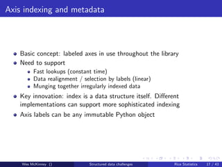 Axis indexing and metadata



   Basic concept: labeled axes in use throughout the library
   Need to support
         Fast lookups (constant time)
         Data realignment / selection by labels (linear)
         Munging together irregularly indexed data
   Key innovation: index is a data structure itself. Diﬀerent
   implementations can support more sophisticated indexing
   Axis labels can be any immutable Python object




    Wes McKinney ()            Structured data challenges   Rice Statistics   17 / 43
 