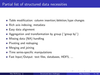 Partial list of structured data necessities


    Table modiﬁcation: column insertion/deletion/type changes
    Rich axis indexing, metadata
    Easy data alignment
    Aggregation and transformation by group (“group by”)
    Missing data (NA) handling
    Pivoting and reshaping
    Merging and joining
    Time series-speciﬁc manipulations
    Fast Input/Output: text ﬁles, databases, HDF5, ...




     Wes McKinney ()         Structured data challenges    Rice Statistics   4 / 43
 