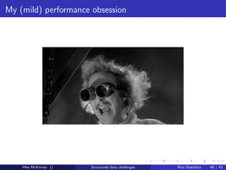 My (mild) performance obsession




    Wes McKinney ()   Structured data challenges   Rice Statistics   40 / 43
 