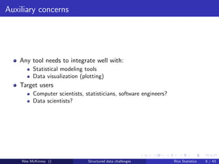 Auxiliary concerns




    Any tool needs to integrate well with:
         Statistical modeling tools
         Data visualization (plotting)
    Target users
         Computer scientists, statisticians, software engineers?
         Data scientists?




    Wes McKinney ()            Structured data challenges          Rice Statistics   6 / 43
 