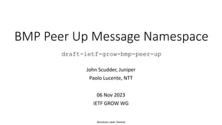 Sensitivity Label: General
BMP Peer Up Message Namespace
draft-ietf-grow-bmp-peer-up
John Scudder, Juniper
Paolo Lucente, NTT
06 Nov 2023
IETF GROW WG
 