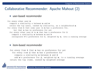 Categories of Recommender Systems


Collaborative Recommender: Apache Mahout (2)
    user-based recommender




    item-based recommender




               Scientiﬁc Recommender Systems                                 11
 
