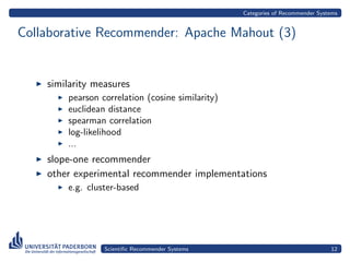 Categories of Recommender Systems


Collaborative Recommender: Apache Mahout (3)


    similarity measures
        pearson correlation (cosine similarity)
        euclidean distance
        spearman correlation
        log-likelihood
        ...
    slope-one recommender
    other experimental recommender implementations
        e.g. cluster-based




                 Scientiﬁc Recommender Systems                                  12
 
