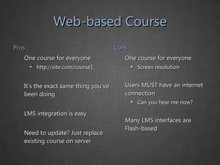 Web-based Course Pros One course for everyone http://site.com/course1 It’s the exact same thing you’ve been doing LMS integration is easy Need to update? Just replace existing course on server Cons One course for everyone Screen resolution Users MUST have an internet connection Can you hear me now? Many LMS interfaces are Flash-based 