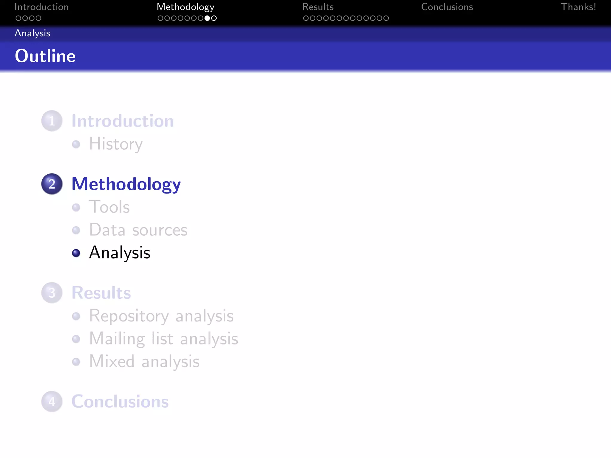 Introduction              Methodology    Results   Conclusions   Thanks!

Analysis

Outline


       1       Introduction
                 History

       2       Methodology
                Tools
                Data sources
                Analysis

       3       Results
                 Repository analysis
                 Mailing list analysis
                 Mixed analysis

       4       Conclusions
 