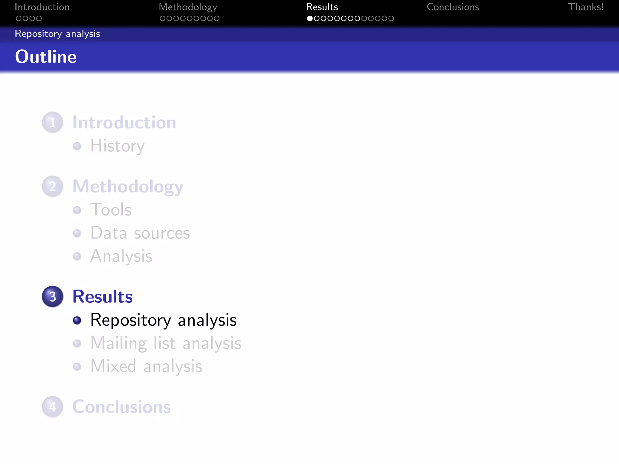 Introduction              Methodology    Results   Conclusions   Thanks!

Repository analysis

Outline


       1       Introduction
                 History

       2       Methodology
                Tools
                Data sources
                Analysis

       3       Results
                 Repository analysis
                 Mailing list analysis
                 Mixed analysis

       4       Conclusions
 