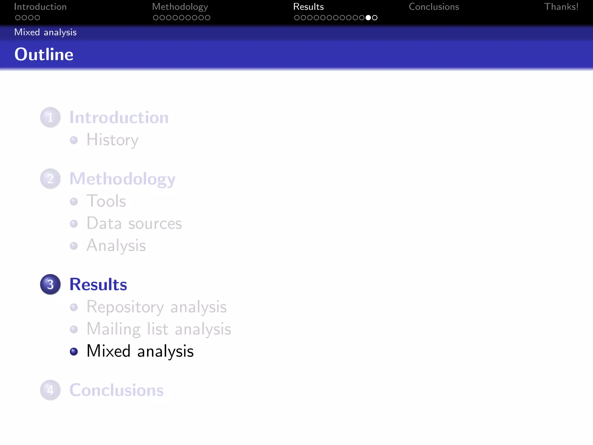 Introduction              Methodology    Results   Conclusions   Thanks!

Mixed analysis

Outline


       1       Introduction
                 History

       2       Methodology
                Tools
                Data sources
                Analysis

       3       Results
                 Repository analysis
                 Mailing list analysis
                 Mixed analysis

       4       Conclusions
 