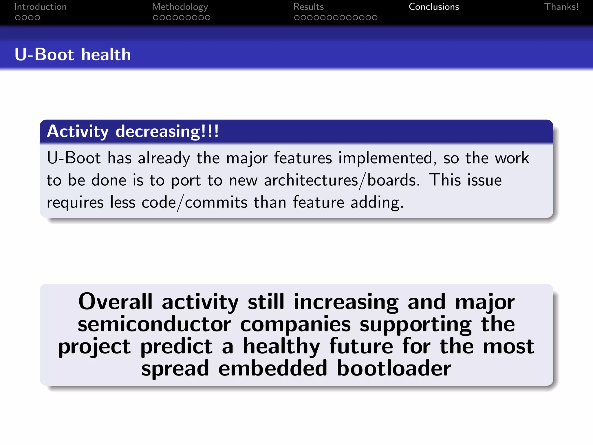 Introduction        Methodology       Results        Conclusions        Thanks!




U-Boot health



       Activity decreasing!!!
       U-Boot has already the major features implemented, so the work
       to be done is to port to new architectures/boards. This issue
       requires less code/commits than feature adding.




           Overall activity still increasing and major
           semiconductor companies supporting the
         project predict a healthy future for the most
                 spread embedded bootloader
 