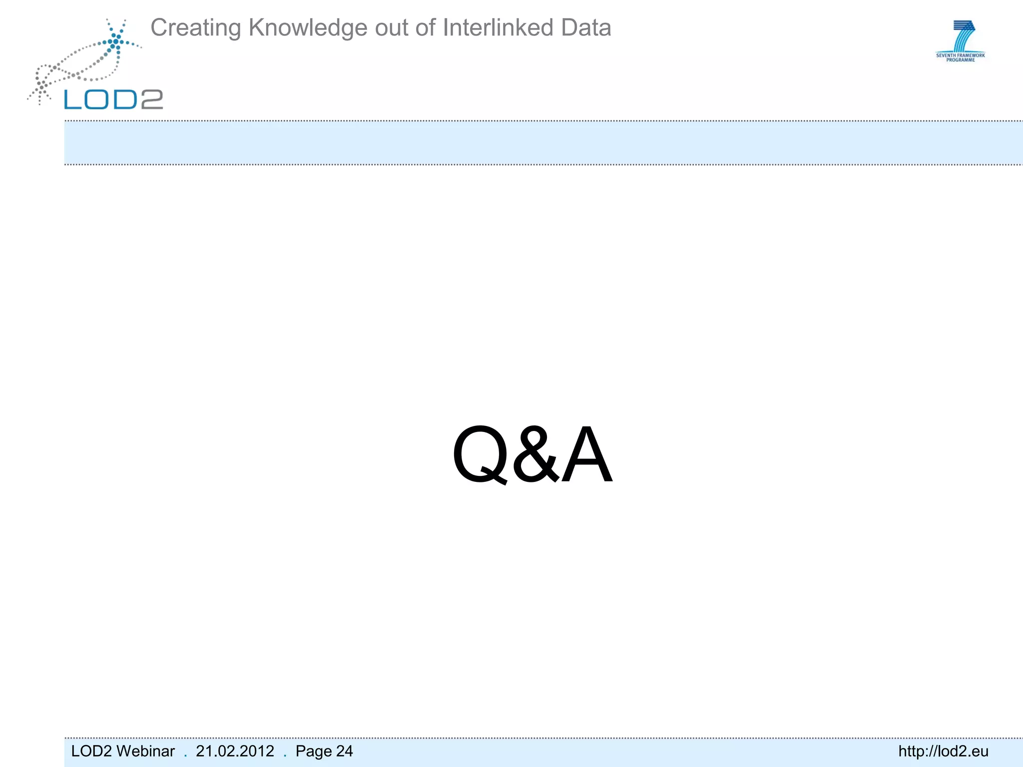 Creating Knowledge out of Interlinked Data




                                      Q&A


LOD2 Webinar . 21.02.2012 . Page 24                   http://lod2.eu
 