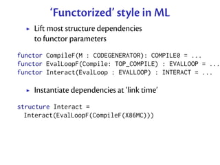 ‘Functorized’ style in ML
    Lift most structure dependencies
    to functor parameters
functor CompileF(M : CODEGENERATOR): COMPILE0 = ...
functor EvalLoopF(Compile: TOP_COMPILE) : EVALLOOP = ...
functor Interact(EvalLoop : EVALLOOP) : INTERACT = ...

    Instantiate dependencies at ‘link time’
structure Interact =
  Interact(EvalLoopF(CompileF(X86MC)))
 