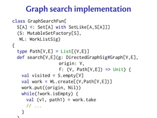 Graph search implementation
class GraphSearchFun[
  S[A] <: Set[A] with SetLike[A,S[A]]]
  (S: MutableSetFactory[S],
   WL: WorkListSig)
{
  type Path[V,E] = List[(V,E)]
  def search[V,E](g: DirectedGraphSig#Graph[V,E],
                   origin: V,
                   f: (V, Path[V,E]) => Unit) {
    val visited = S.empty[V]
    val work = WL.create[(V,Path[V,E])]
    work.put((origin, Nil))
    while(!work.isEmpty) {
      val (v1, path1) = work.take
      // ...
    }
 