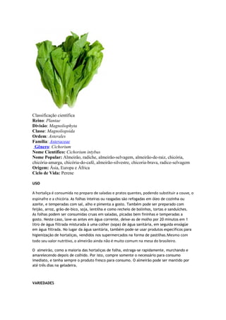 Classificação científica
Reino: Plantae
Divisão: Magnoliophyta
Classe: Magnoliopsida
Ordem: Asterales
Família: Asteraceae
 Gênero: Cichorium
Nome Científico: Cichorium intybus
Nome Popular: Almeirão, radiche, almeirão-selvagem, almeirão-de-raiz, chicória,
chicória-amarga, chicória-do-café, almeirão-silvestre, chicoria-brava, radice-selvagem
Origem: Ásia, Europa e África
Ciclo de Vida: Perene

USO

A hortaliça é consumida no preparo de saladas e pratos quentes, podendo substituir a couve, o
espinafre e a chicória. As folhas inteiras ou rasgadas são refogadas em óleo de cozinha ou
azeite, e temperadas com sal, alho e pimenta a gosto. Também pode ser preparado com
feijão, arroz, grão-de-bico, soja, lentilha e como recheio de bolinhos, tortas e sanduíches.
As folhas podem ser consumidas cruas em saladas, picadas bem fininhas e temperadas a
gosto. Neste caso, lave-as antes em água corrente, deixe-as de molho por 20 minutos em 1
litro de água filtrada misturada à uma colher (sopa) de água sanitária, em seguida enxágüe
em água filtrada. No lugar da água sanitária, também pode-se usar produtos específicos para
higienização de hortaliças, vendidos nos supermercados na forma de pastilhas.Mesmo com
todo seu valor nutritivo, o almeirão ainda não é muito comum na mesa do brasileiro.

O almeirão, como a maioria das hortaliças de folha, estraga-se rapidamente, murchando e
amarelecendo depois de colhido. Por isto, compre somente o necessário para consumo
imediato, e tenha sempre o produto fresco para consumo. O almeirão pode ser mantido por
até três dias na geladeira.



VARIEDADES
 