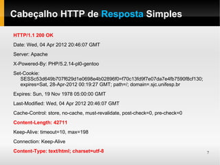Cabeçalho HTTP de Resposta Simples

HTTP/1.1 200 OK
Date: Wed, 04 Apr 2012 20:46:07 GMT
Server: Apache
X-Powered-By: PHP/5.2.14-pl0-gentoo
Set-Cookie:
   SESSc53d649b707f629d1e0698e4b02896f0=f70c13fd9f7e07da7e4fb7590f8cf130;
   expires=Sat, 28-Apr-2012 00:19:27 GMT; path=/; domain=.sjc.unifesp.br
Expires: Sun, 19 Nov 1978 05:00:00 GMT
Last-Modified: Wed, 04 Apr 2012 20:46:07 GMT
Cache-Control: store, no-cache, must-revalidate, post-check=0, pre-check=0
Content-Length: 42711
Keep-Alive: timeout=10, max=198
Connection: Keep-Alive
Content-Type: text/html; charset=utf-8                                       7
 
