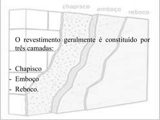 O revestimento geralmente é constituído por
 três camadas:

- Chapisco
- Emboço
- Reboco.
 