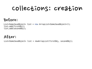  example
Before:
public Period(Date start, Date end) {
     if (start.after(end)) {
          throw new IllegralArgumentException(Start cannot be after end);
     }
     this.start = start;
     this.end = end;
}
 