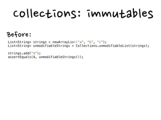  II
Before:
public Period(Date start, Date end) {
     if (start == null || end == null) {
          throw new NullPointerException(Dates cannot be null);
     }
     if (start.after(end)) {
          throw new IllegralArgumentException(Start can’t be after end);
     }
     this.start = start;
     this.end = end;
}
 
