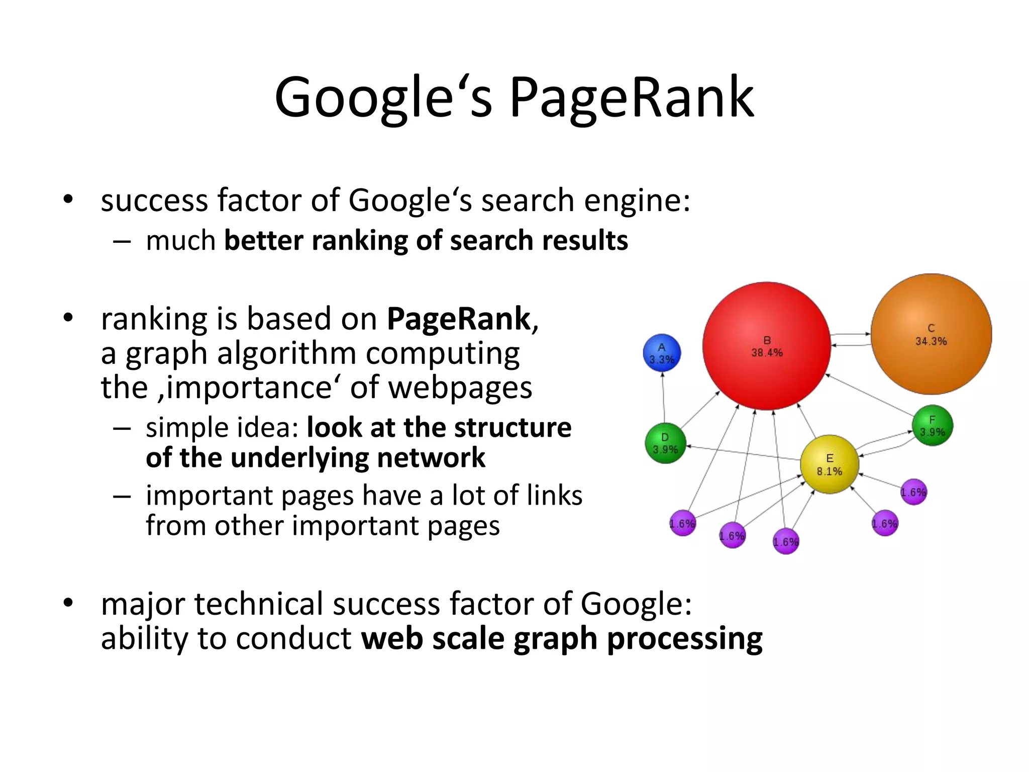 Google‘s PageRank
• success factor of Google‘s search engine:
   – much better ranking of search results

• ranking is based on PageRank,
  a graph algorithm computing
  the ‚importance‘ of webpages
   – simple idea: look at the structure
     of the underlying network
   – important pages have a lot of links
     from other important pages

• major technical success factor of Google:
  ability to conduct web scale graph processing
 