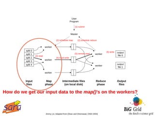 User
                                                           Program

                                                               (1) submit


                                                           Master

                                         (2) schedule map        (2) schedule reduce


                               worker
          split 0
                                                                                            (6) write   output
          split 1                                              (5) remote read    worker
                    (3) read                                                                             file 0
          split 2                        (4) local write
                               worker
          split 3
          split 4                                                                                       output
                                                                                  worker
                                                                                                         file 1

                               worker


          Input                 Map             Intermediate files                 Reduce               Output
           files               phase              (on local disk)                   phase                files


How do we get our input data to the map()'s on the workers?



                               Jimmy Lin, Adapted from (Dean and Ghemawat, OSDI 2004)
 