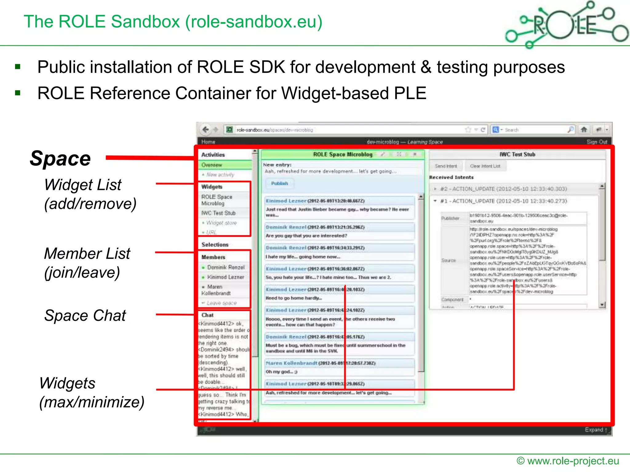 The ROLE Sandbox (role-sandbox.eu)

 Public installation of ROLE SDK for development & testing purposes
 ROLE Reference Container for Widget-based PLE


 Space
   Widget List
   (add/remove)


   Member List
   (join/leave)

   Space Chat



   Widgets
   (max/minimize)


                                                              © www.role-project.eu
 