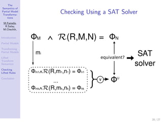 The
Semantics of
Partial Model
Transforma-
                 Checking Using a SAT Solver
    tions

 M.Famelis,
  R.Salay,
...