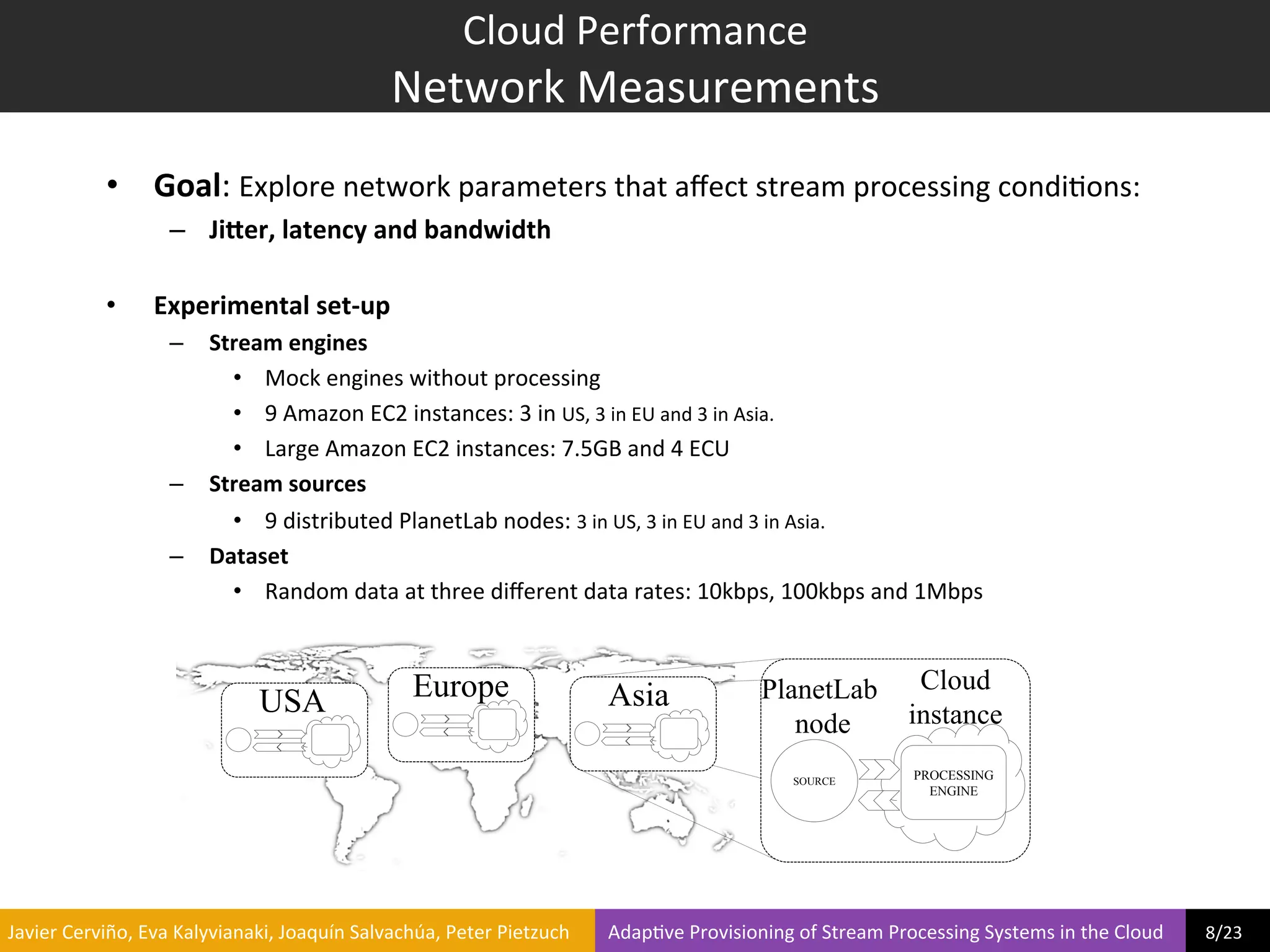 Cloud	
  Performance	
  
                                                                               Network	
  Measurements	
  
                     •  Goal:	
  Explore	
  network	
  parameters	
  that	
  aﬀect	
  stream	
  processing	
  condi?ons:	
  	
  
                                  –  Ji9er,	
  latency	
  and	
  bandwidth	
  
                                  	
  
                     •         Experimental	
  set-­‐up	
  
                                  –  Stream	
  engines	
  
                                       •  Mock	
  engines	
  without	
  processing	
  
                                       •  9	
  Amazon	
  EC2	
  instances:	
  3	
  in	
  US,	
  3	
  in	
  EU	
  and	
  3	
  in	
  Asia.	
  
                                       •  Large	
  Amazon	
  EC2	
  instances:	
  7.5GB	
  and	
  4	
  ECU	
  
                                  –  Stream	
  sources	
  
                                       •  9	
  distributed	
  PlanetLab	
  nodes:	
  3	
  in	
  US,	
  3	
  in	
  EU	
  and	
  3	
  in	
  Asia.	
  
                                  –  Dataset	
  
                                       •  Random	
  data	
  at	
  three	
  diﬀerent	
  data	
  rates:	
  10kbps,	
  100kbps	
  and	
  1Mbps	
  


                                                                                    Europe                                                                  PlanetLab                      Cloud
                                                    USA                                                                     Asia
                                                                                                                                                               node                       instance

                                                                                                                                                                  SOURCE                   PROCESSING
                                                                                                                                                                                             ENGINE




	
  Javier	
  Cerviño,	
  Eva	
  Kalyvianaki,	
  Joaquín	
  Salvachúa,	
  Peter	
  Pietzuch	
  	
  	
  	
  	
  	
  	
  	
  Adap?ve	
  Provisioning	
  of	
  Stream	
  Processing	
  Systems	
  in	
  the	
  Cloud	
  	
  	
  	
  	
  	
  	
  	
  	
  8/23	
  	
  
 