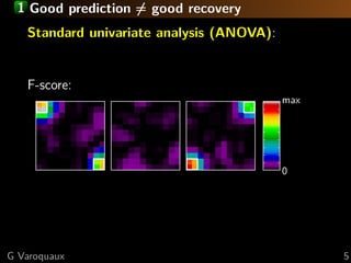 1 Good prediction = good recovery
   Standard univariate analysis (ANOVA):


   F-score:
                                           max




                                           0




G Varoquaux                                      5
 
