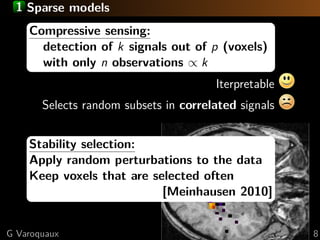 1 Sparse models
    Compressive sensing:
      detection of k signals out of p (voxels)
      with only n observations ∝ k
                                       Iterpretable
       Selects random subsets in correlated signals


    Stability selection:
    Face vsrandom perturbations to the data
    Apply house
    discrimination that are selected often
    Keep voxels
     Data from [Haxby 2001] [Meinhausen 2010]


G Varoquaux                                           8
 