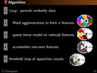 2 Algorithm

 1 loop: perturb randomly data


 2     Ward agglomeration to form n features


 3     sparse linear model on reduced features


 4     accumulate non-zero features


 5 threshold map of apparition counts


G Varoquaux                                      11
 
