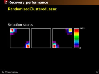 2 Recovery performance
   RandomizedClusteredLasso:



   Selection scores
                               max




                               0




G Varoquaux                          12
 