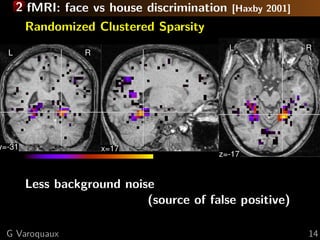 2 fMRI: face vs house discrimination   [Haxby 2001]
        Randomized Clustered Sparsity
                                             L              R
  L               R




y=-31                 x=17
                                         z=-17


        Less background noise
                            (source of false positive)

  G Varoquaux                                               14
 