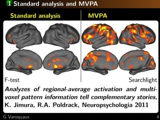 1 Standard analysis and MVPA
  Standard analysis           MVPA
  Test whether the voxel is   Overall predictive model
  recruited by the task
  Many voxels ⇒ problem       Many voxels ⇒ curse of
  of multiple comparisons     dimensionality




F-test                                    Searchlight
Analyzes of regional-average activation and multi-
voxel pattern information tell complementary stories,
K. Jimura, R.A. Poldrack, Neuropsychologia 2011
G Varoquaux                                              4
 