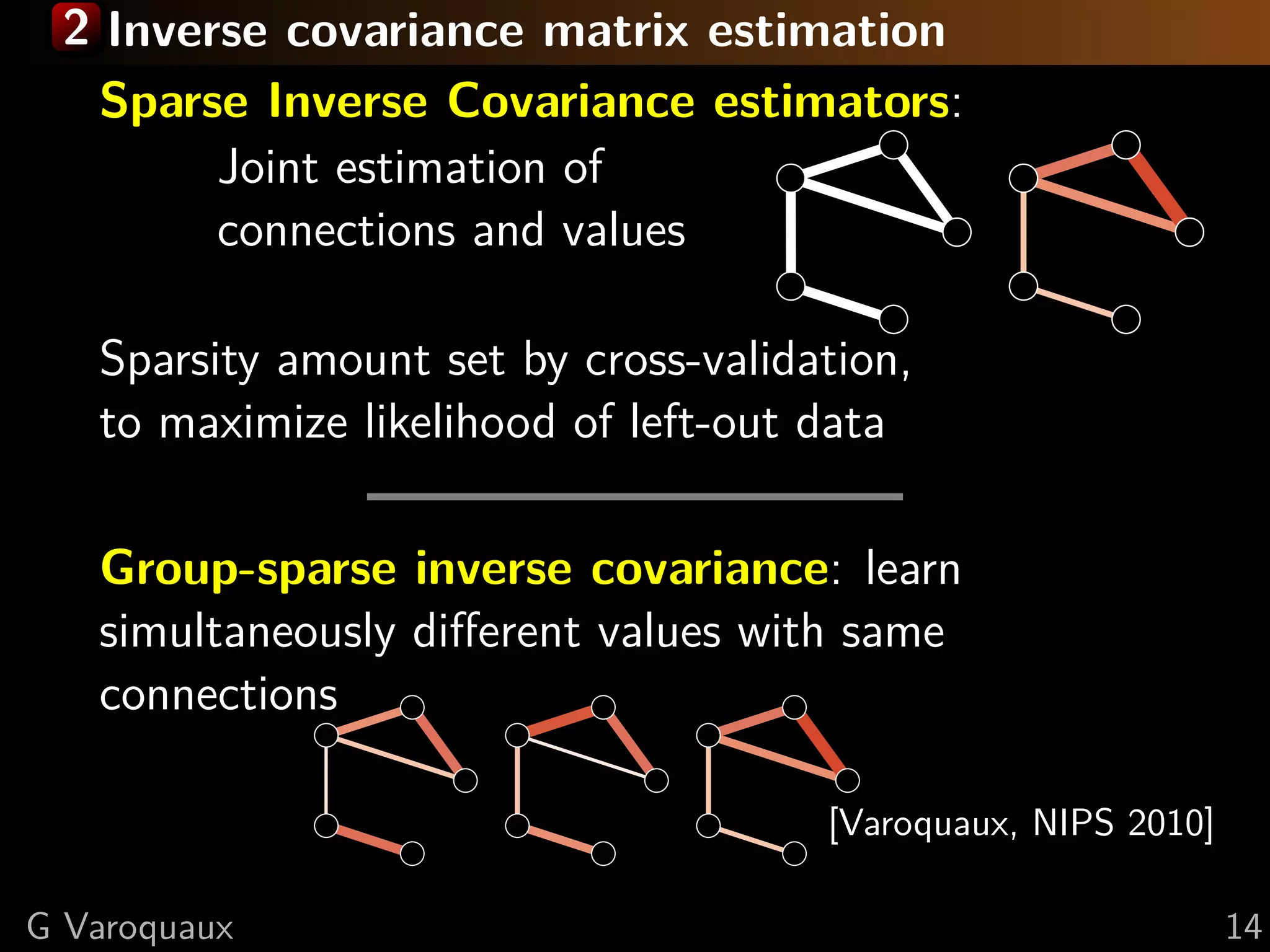 2 Inverse covariance matrix estimation
   Sparse Inverse Covariance estimators:
        Joint estimation of
        connections and values

   Sparsity amount set by cross-validation,
   to maximize likelihood of left-out data

   Group-sparse inverse covariance: learn
   simultaneously diﬀerent values with same
   connections

                                      [Varoquaux, NIPS 2010]

G Varoquaux                                                    14
 