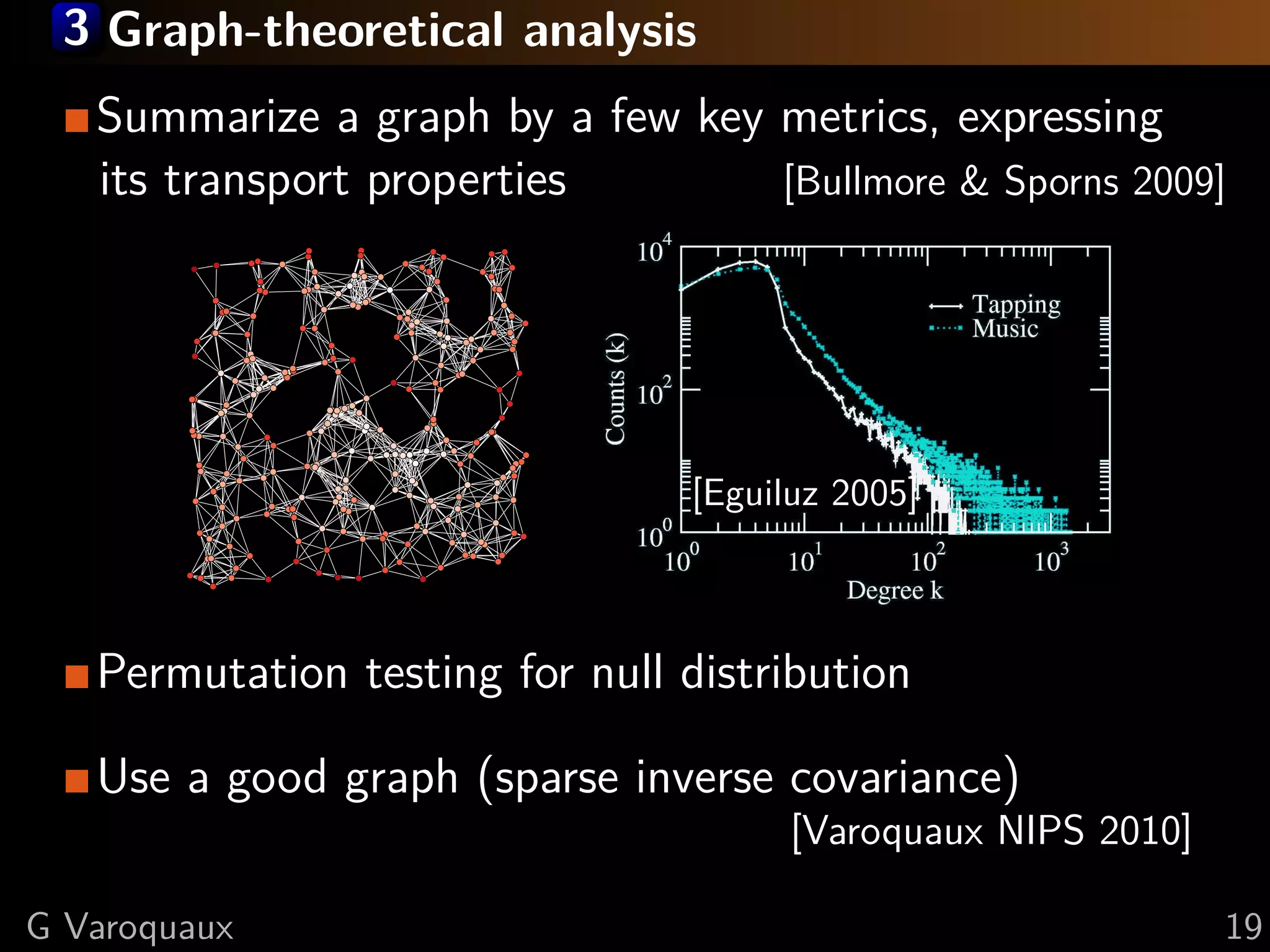 3 Graph-theoretical analysis
   Summarize a graph by a few key metrics, expressing
   its transport properties       [Bullmore & Sporns 2009]




                                [Eguiluz 2005]



   Permutation testing for null distribution

   Use a good graph (sparse inverse covariance)
                                      [Varoquaux NIPS 2010]

G Varoquaux                                                   19
 