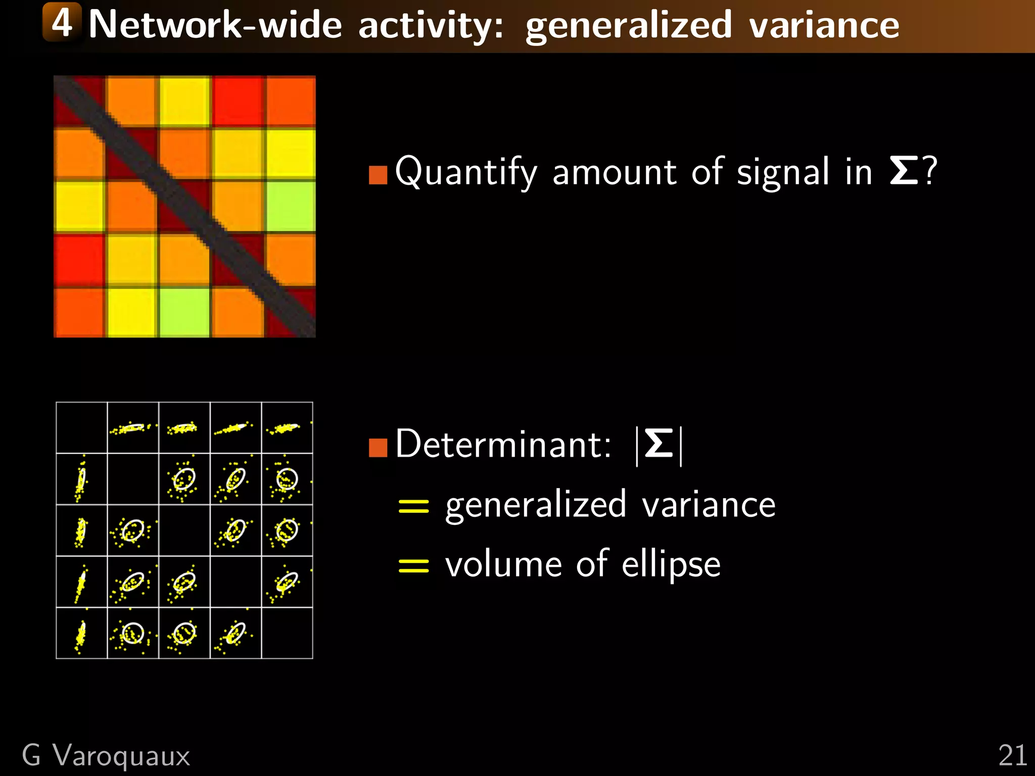 4 Network-wide activity: generalized variance


                   Quantify amount of signal in Σ?




                   Determinant: |Σ|
                   = generalized variance
                   = volume of ellipse



G Varoquaux                                          21
 