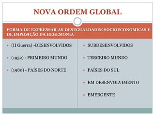 NOVA ORDEM GLOBAL

FORMA DE EXPRESSAR AS DESEGUALDADES SOCIOECONOMICAS E
DE IMPOSIÇÃO DA HEGEMONIA

 (II Guerra) -DESENVOLVIDOS    SUBDESENVOLVIDOS


 (1952) - PRIMEIRO MUNDO       TERCEIRO MUNDO


 (1980) - PAÍSES DO NORTE      PAÍSES DO SUL


                                EM DESENVOLVIMENTO


                                EMERGENTE
 